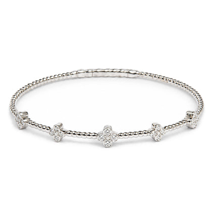 14K Gold 1/2 Cttw Lab-Grown Diamond Floral Station Beaded Flexible Bangle Bracelet
