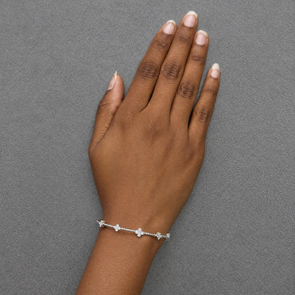 14K Gold 1/2 Cttw Lab-Grown Diamond Floral Station Beaded Flexible Bangle Bracelet