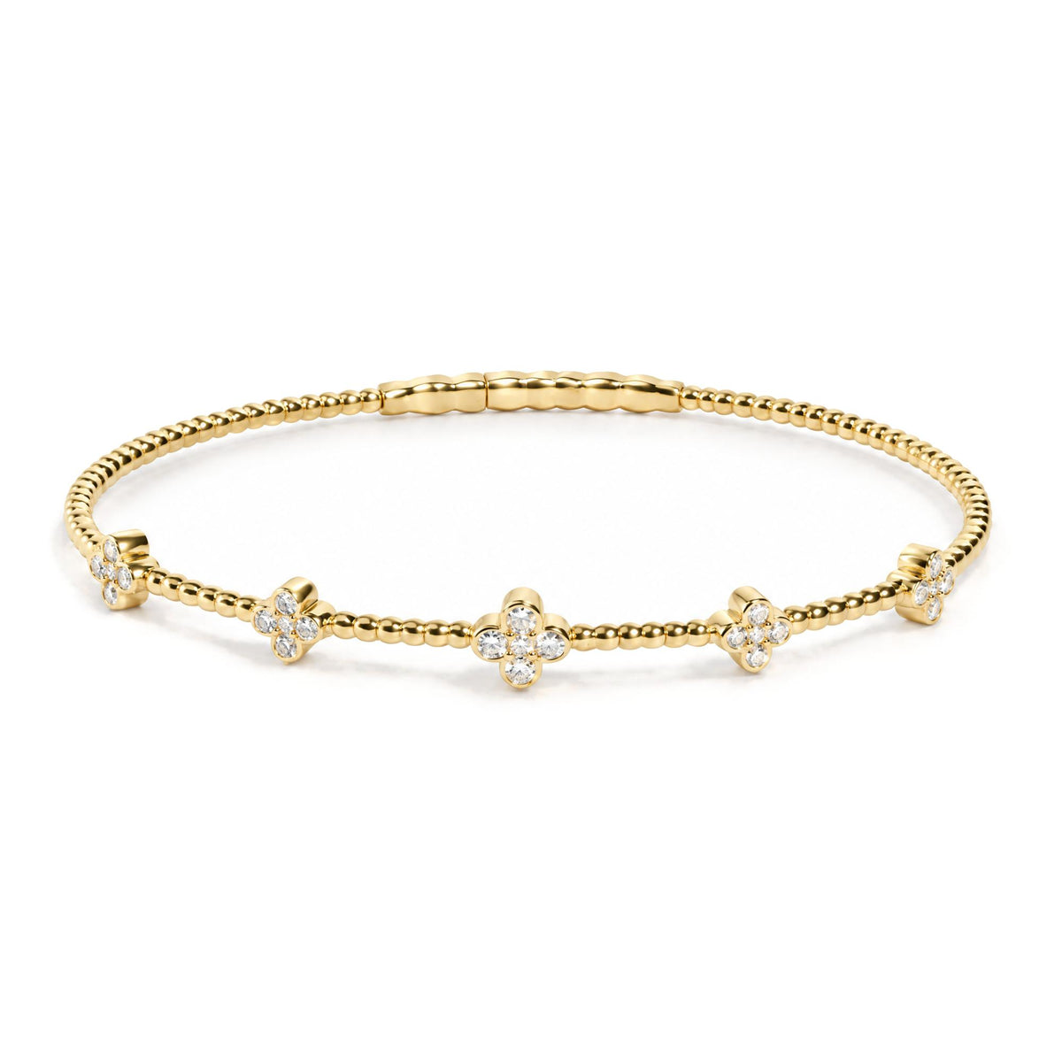 14K Gold 1/2 Cttw Lab-Grown Diamond Floral Station Beaded Flexible Bangle Bracelet