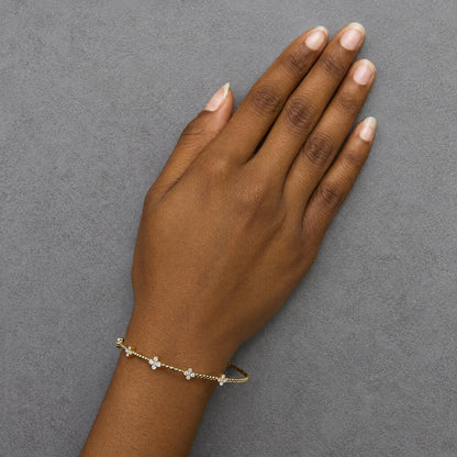 14K Gold 1/2 Cttw Lab-Grown Diamond Floral Station Beaded Flexible Bangle Bracelet