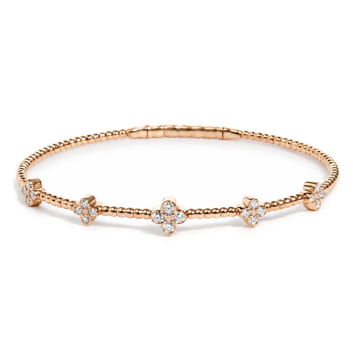 14K Gold 1/2 Cttw Diamond Flower Station Beaded Flexible Bangle Bracelet