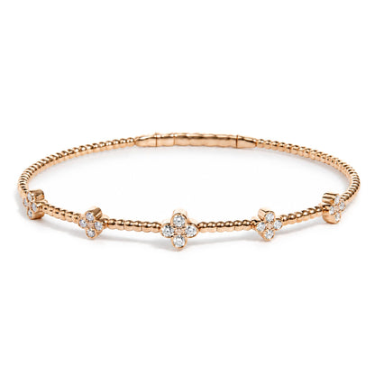 14K Gold 1/2 Cttw Diamond Flower Station Beaded Flexible Bangle Bracelet