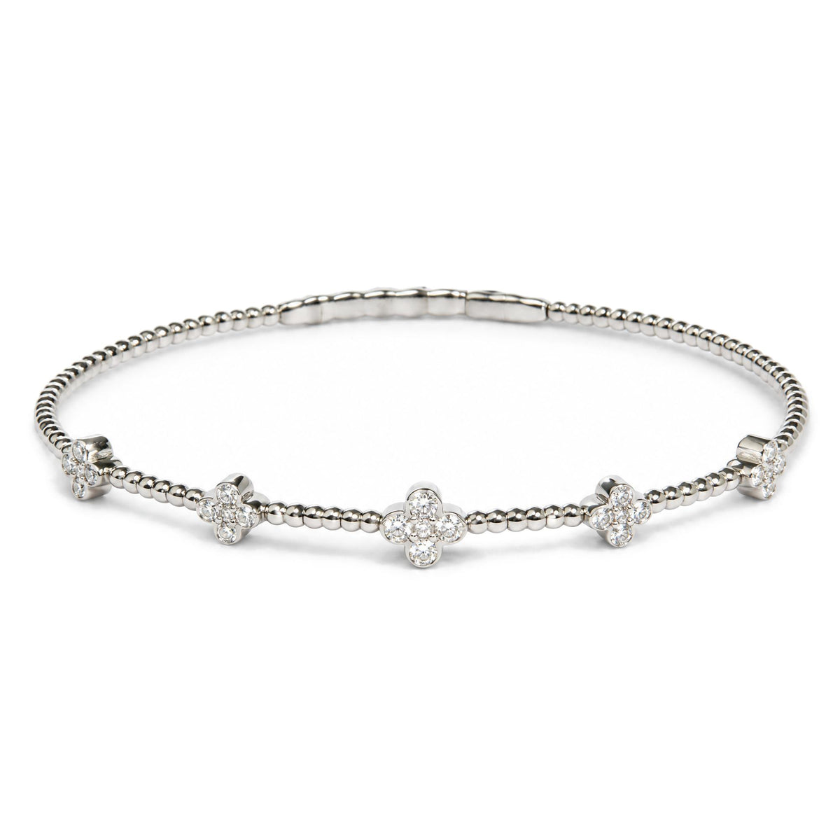 14K Gold 1/2 Cttw Diamond Flower Station Beaded Flexible Bangle Bracelet