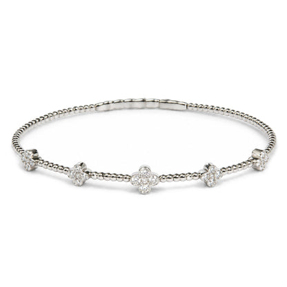 14K Gold 1/2 Cttw Diamond Flower Station Beaded Flexible Bangle Bracelet