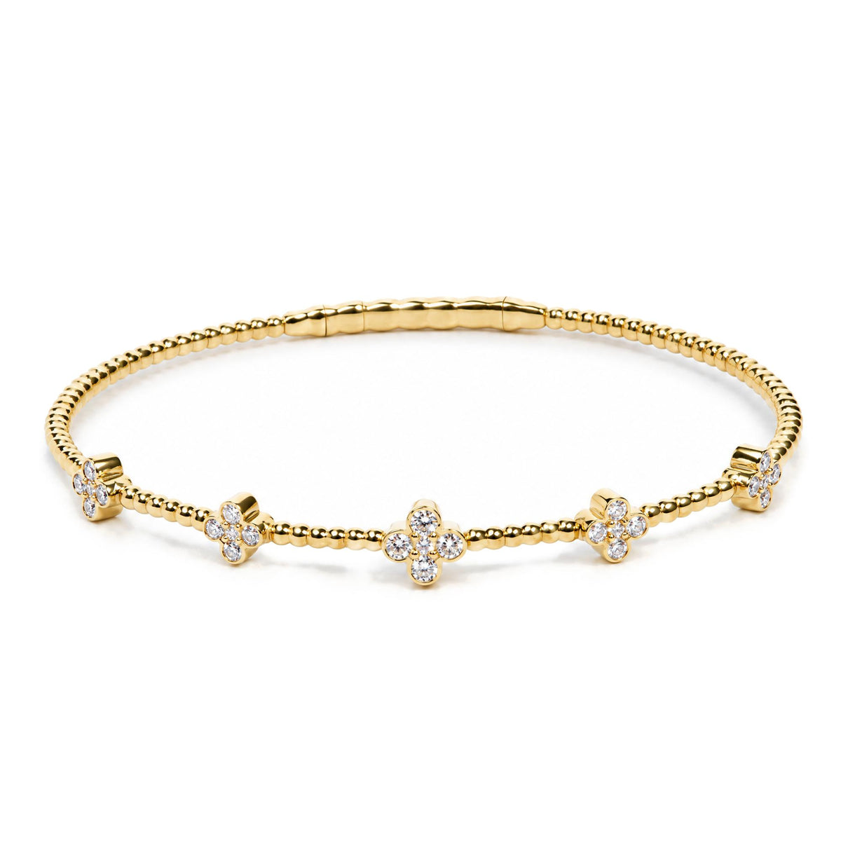 14K Gold 1/2 Cttw Diamond Flower Station Beaded Flexible Bangle Bracelet