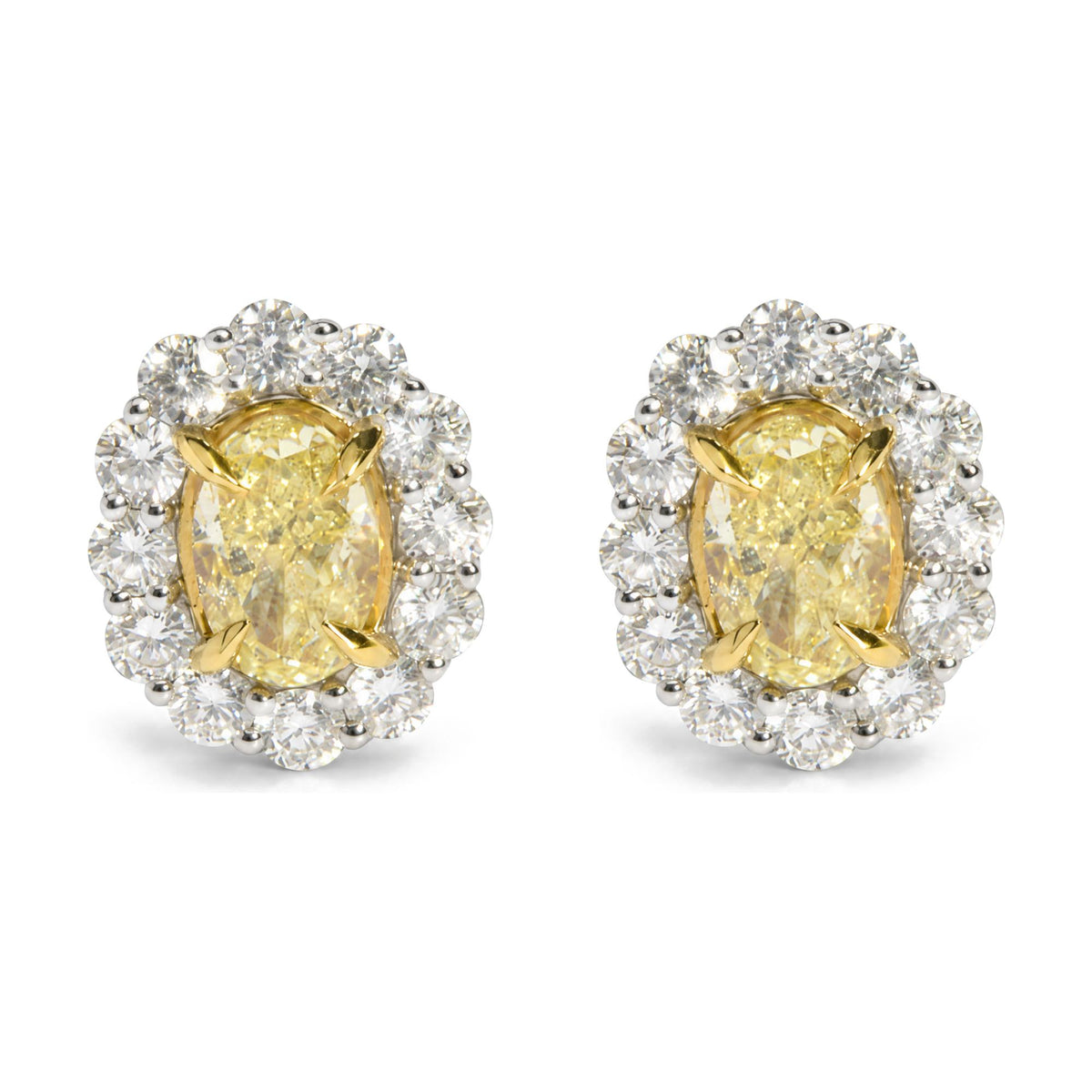 18K White Gold 2 Cttw Oval Yellow Diamond and Round Diamond Halo Stud Earrings