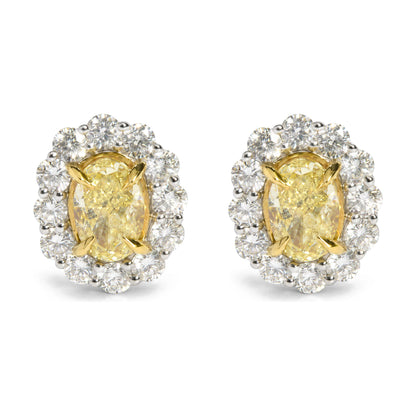 18K White Gold 2 Cttw Oval Yellow Diamond and Round Diamond Halo Stud Earrings