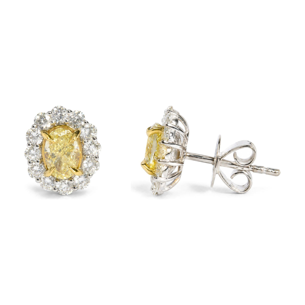 18K White Gold 2 Cttw Oval Yellow Diamond and Round Diamond Halo Stud Earrings