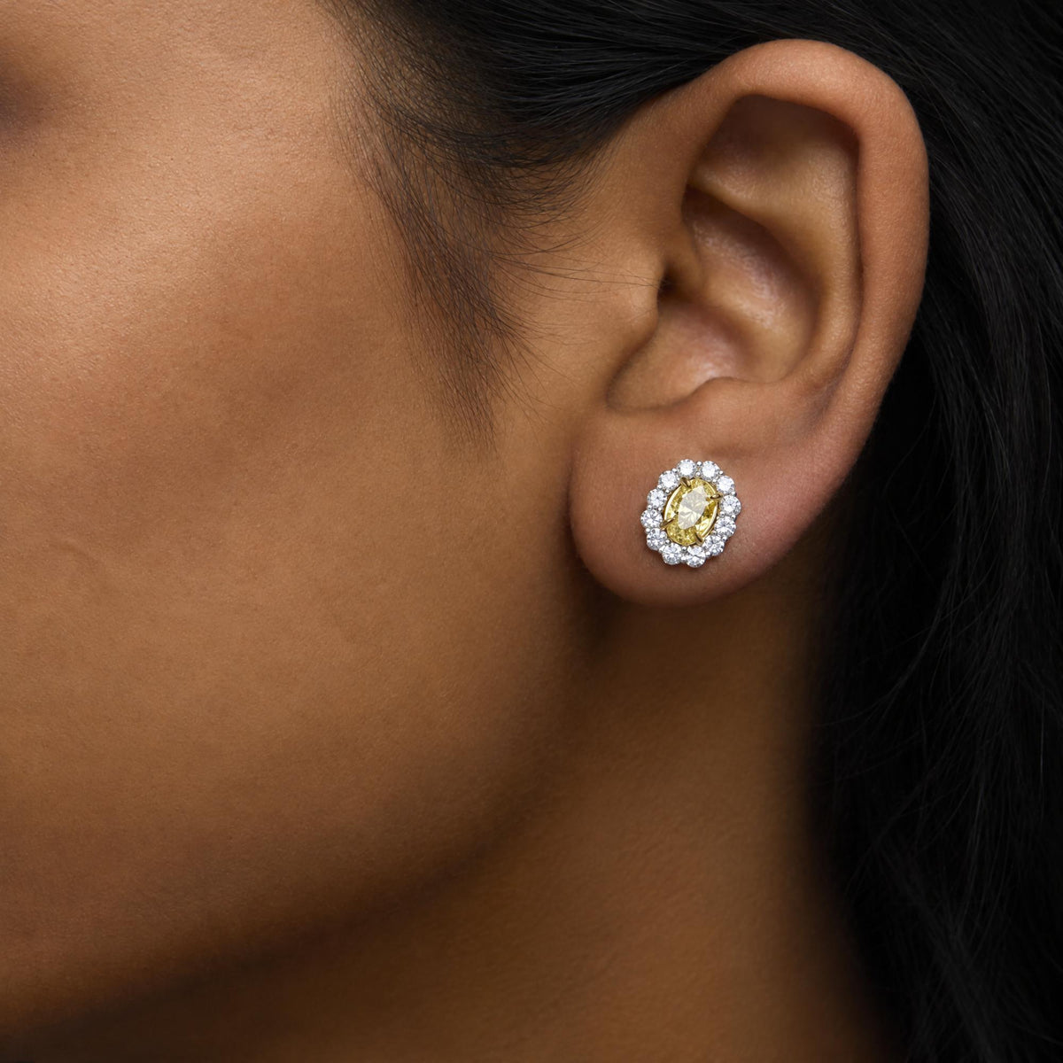 18K White Gold 2 Cttw Oval Yellow Diamond and Round Diamond Halo Stud Earrings