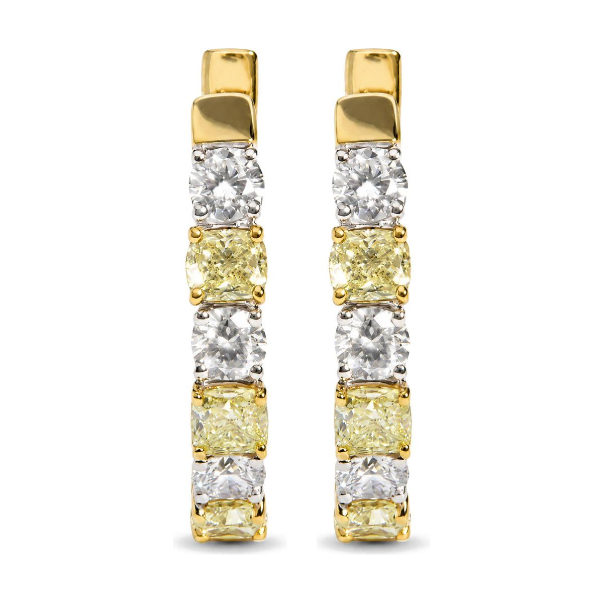 Close-up front view of a pair of earrings shown on a white background featuring alternating cushion-shaped yellow gemstones and round-shaped white gemstones set in prong settings with yellow and white metal accents.