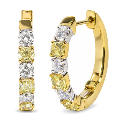 Close-up front and side view of a hoop earring with alternating round white gemstones and cushion-shaped yellow gemstones set in prong settings on yellow and white metal.