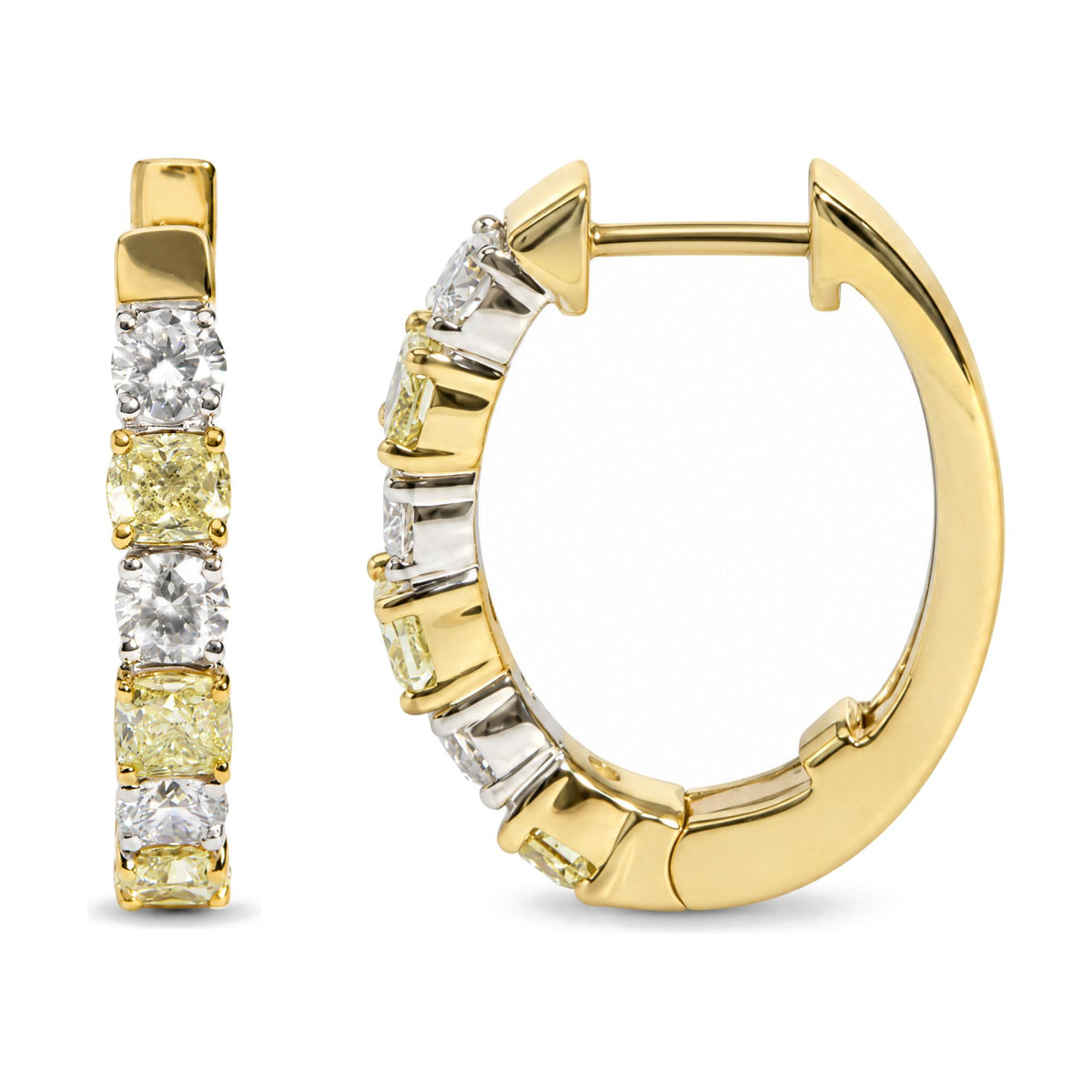Close-up image of a hoop earring shown from a side angle, featuring alternating yellow and white gemstones in prong settings on yellow and white metal.