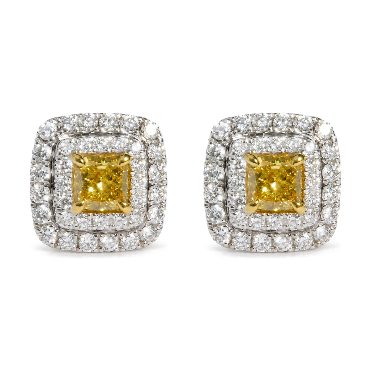 18K White Gold GIA Certified 1 3/4 Cttw Cushion Yellow Diamond Double Halo Stud Earrings