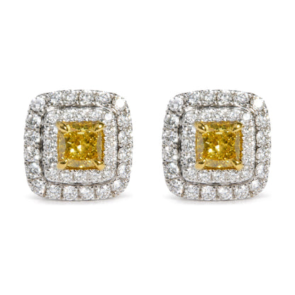 18K White Gold GIA Certified 1 3/4 Cttw Cushion Yellow Diamond Double Halo Stud Earrings