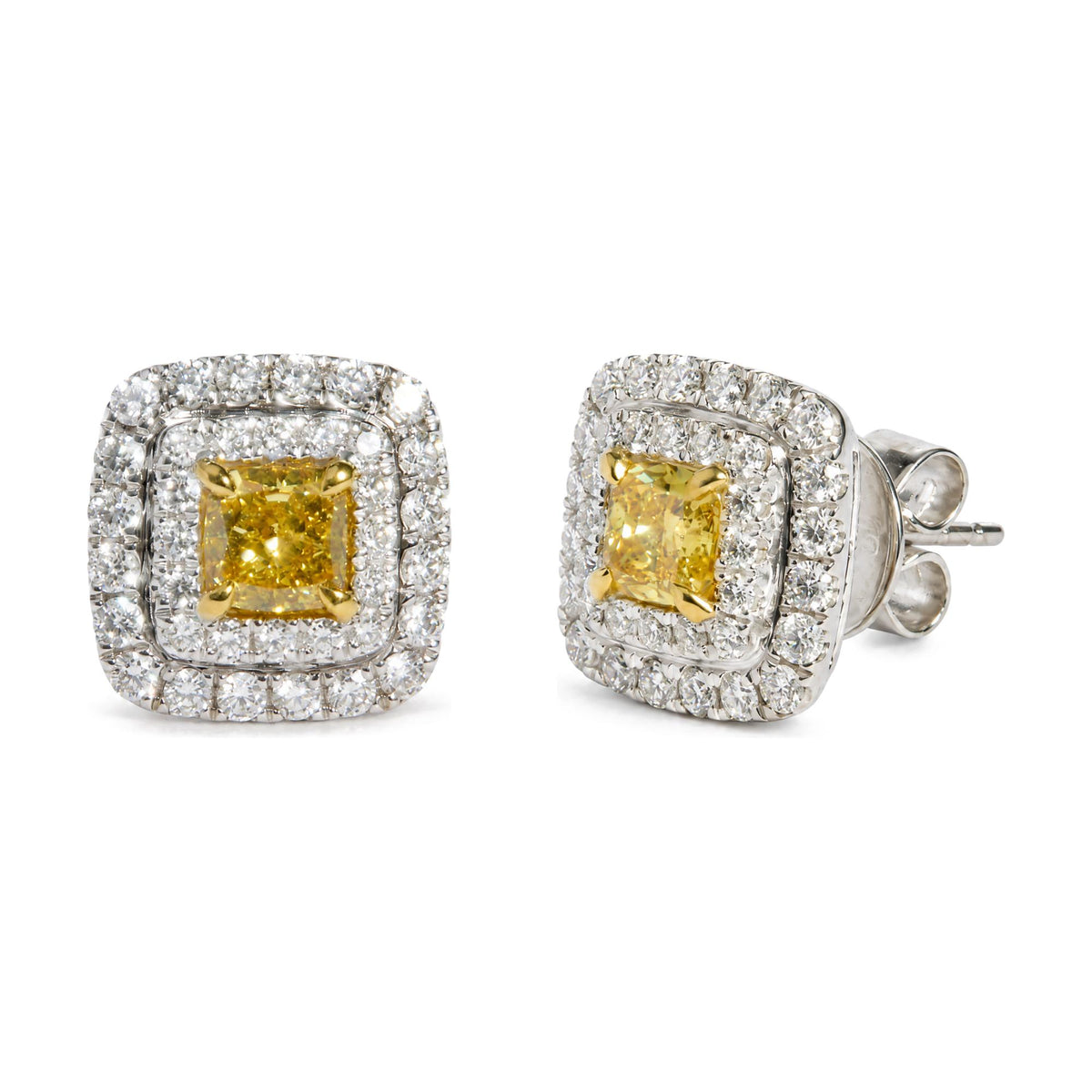 18K White Gold GIA Certified 1 3/4 Cttw Cushion Yellow Diamond Double Halo Stud Earrings