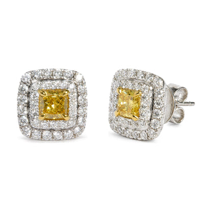 18K White Gold GIA Certified 1 3/4 Cttw Cushion Yellow Diamond Double Halo Stud Earrings