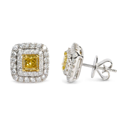18K White Gold GIA Certified 1 3/4 Cttw Cushion Yellow Diamond Double Halo Stud Earrings