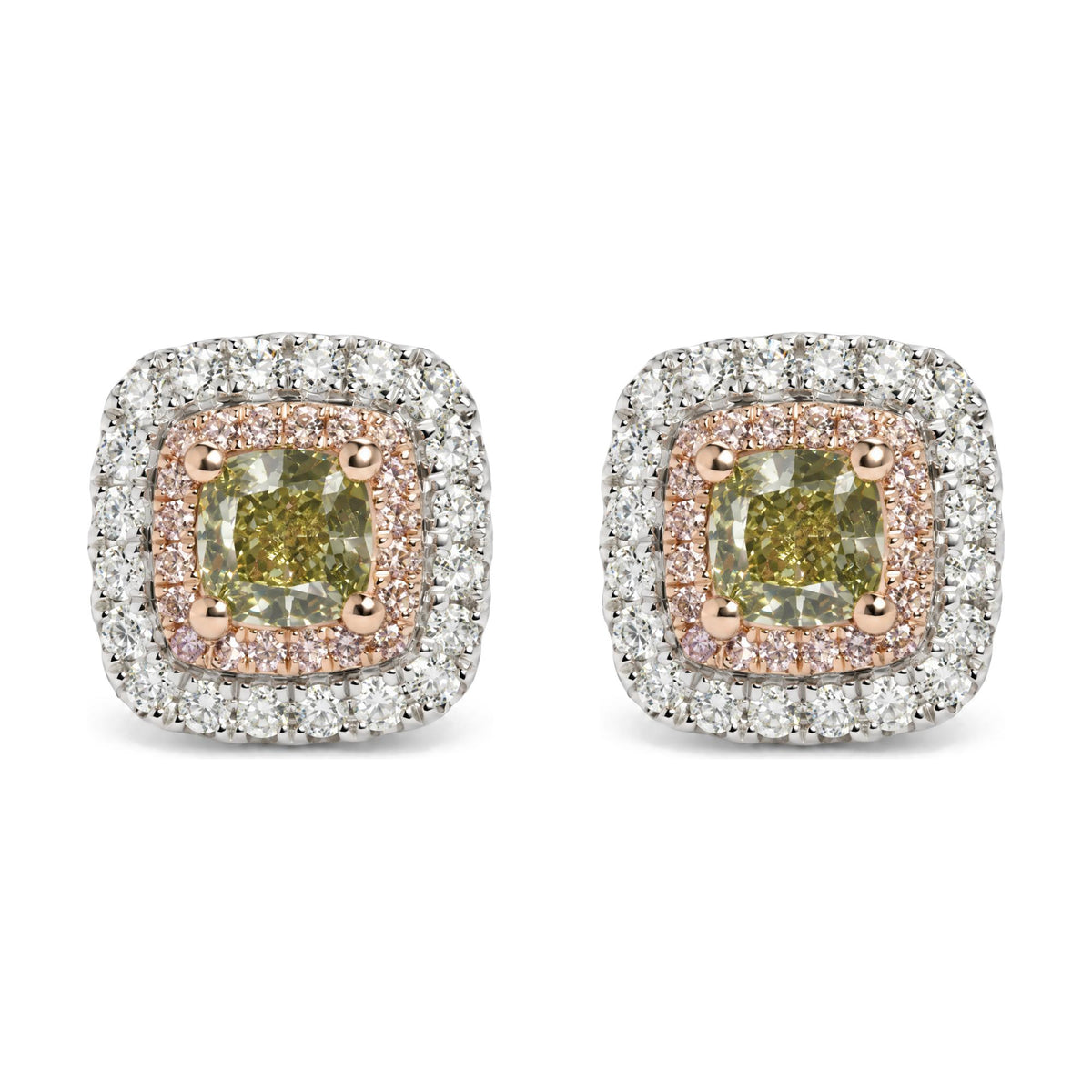 18K White and Rose Gold GIA Certified 1 1/2 Cttw Green and Pink Diamond Double Halo Stud Earrings