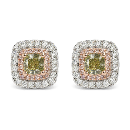 18K White and Rose Gold GIA Certified 1 1/2 Cttw Green and Pink Diamond Double Halo Stud Earrings