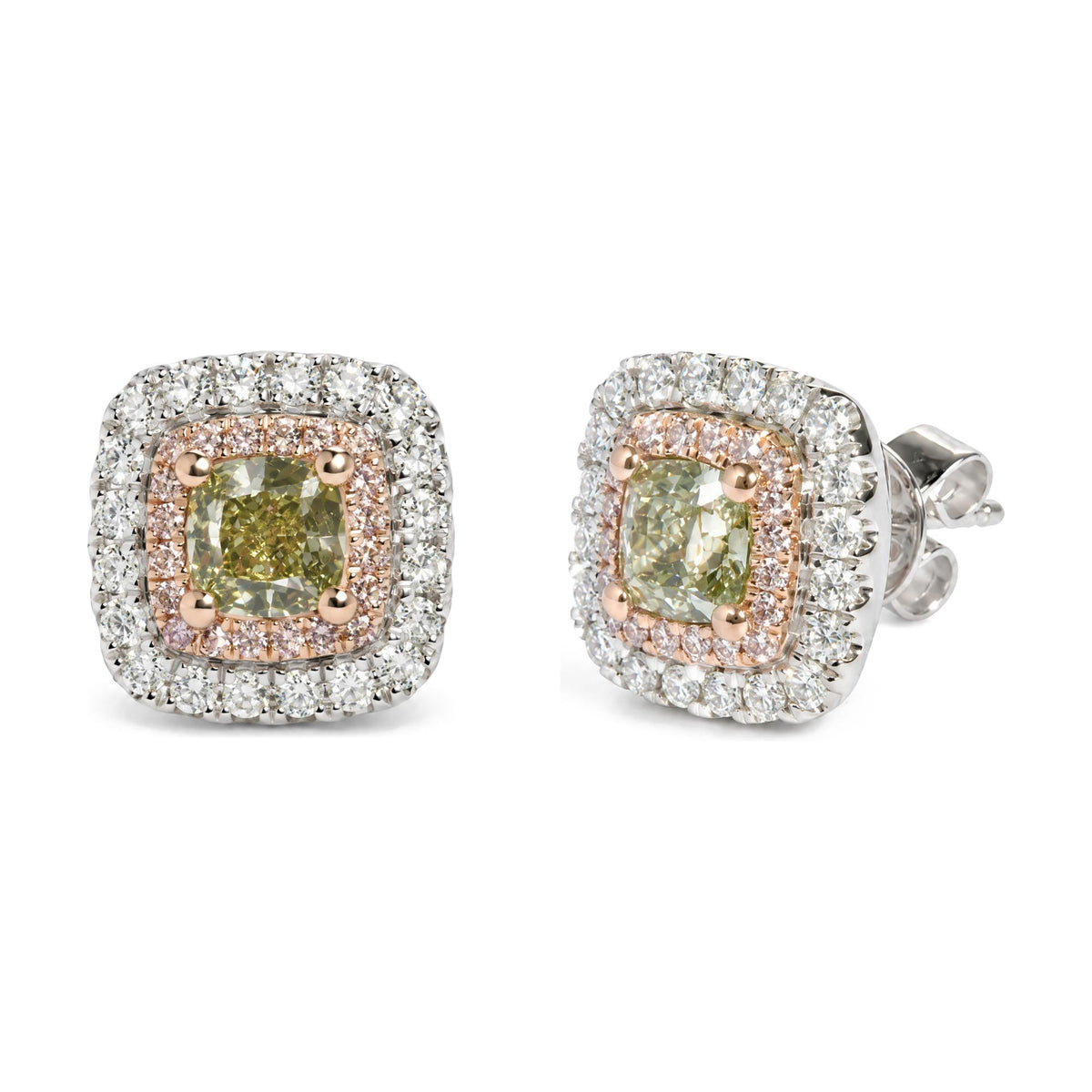 18K White and Rose Gold GIA Certified 1 1/2 Cttw Green and Pink Diamond Double Halo Stud Earrings