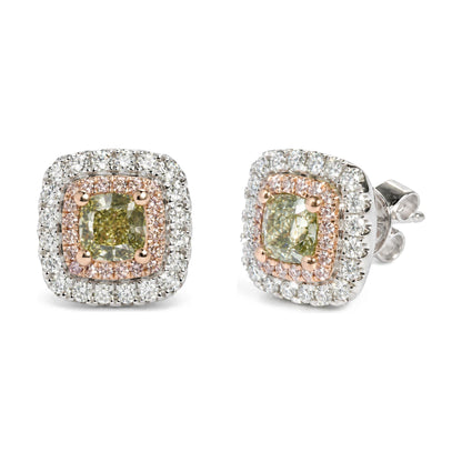 18K White and Rose Gold GIA Certified 1 1/2 Cttw Green and Pink Diamond Double Halo Stud Earrings