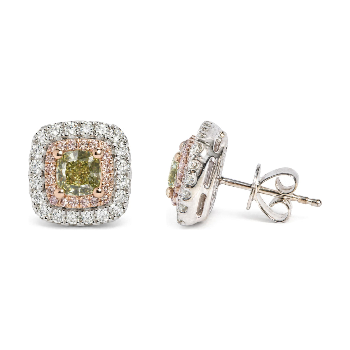 18K White and Rose Gold GIA Certified 1 1/2 Cttw Green and Pink Diamond Double Halo Stud Earrings