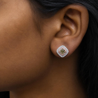 18K White and Rose Gold GIA Certified 1 1/2 Cttw Green and Pink Diamond Double Halo Stud Earrings