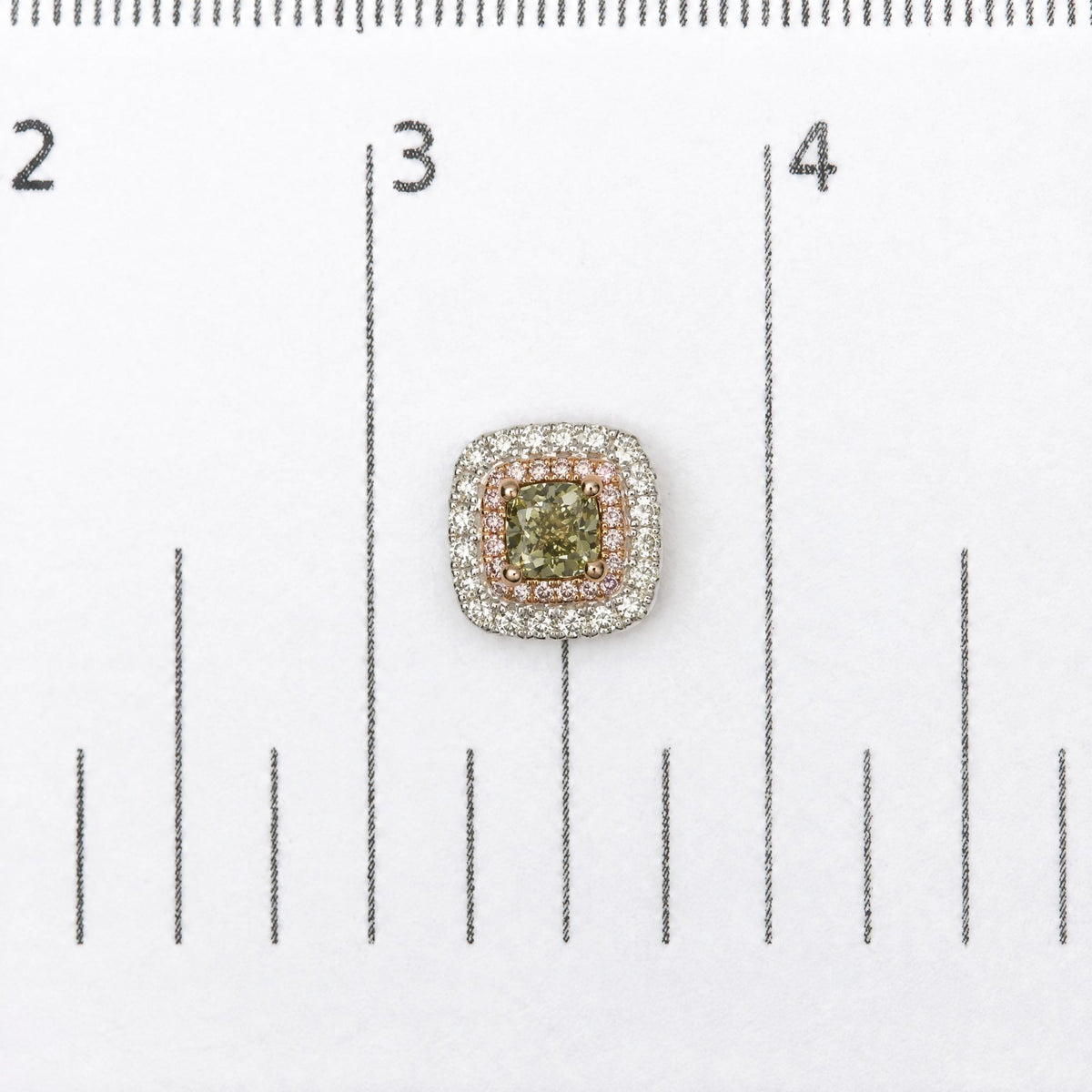 18K White and Rose Gold GIA Certified 1 1/2 Cttw Green and Pink Diamond Double Halo Stud Earrings