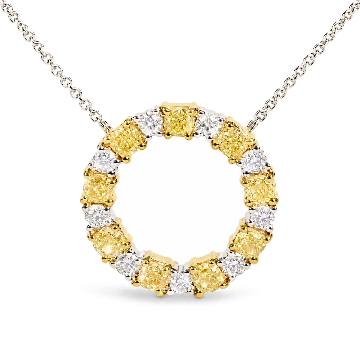 18K White and Yellow Gold 2 1/4 Cttw Alternating Yellow and White Diamond Open Circle Pendant Necklace