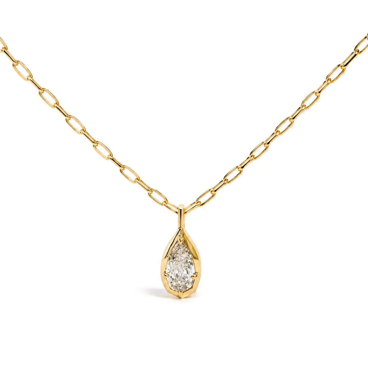 18K Yellow Gold GIA Certified 1.0 Cttw Pear-Step Cut Diamond Pendant Necklace with Paperclip Chain