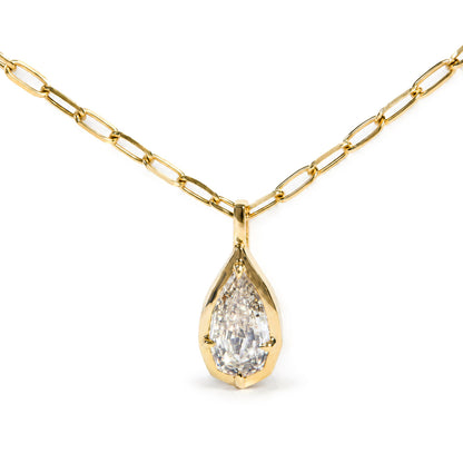 18K Yellow Gold GIA Certified 1.0 Cttw Pear-Step Cut Diamond Pendant Necklace with Paperclip Chain