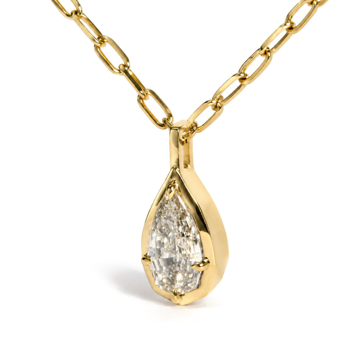 18K Yellow Gold GIA Certified 1.0 Cttw Pear-Step Cut Diamond Pendant Necklace with Paperclip Chain
