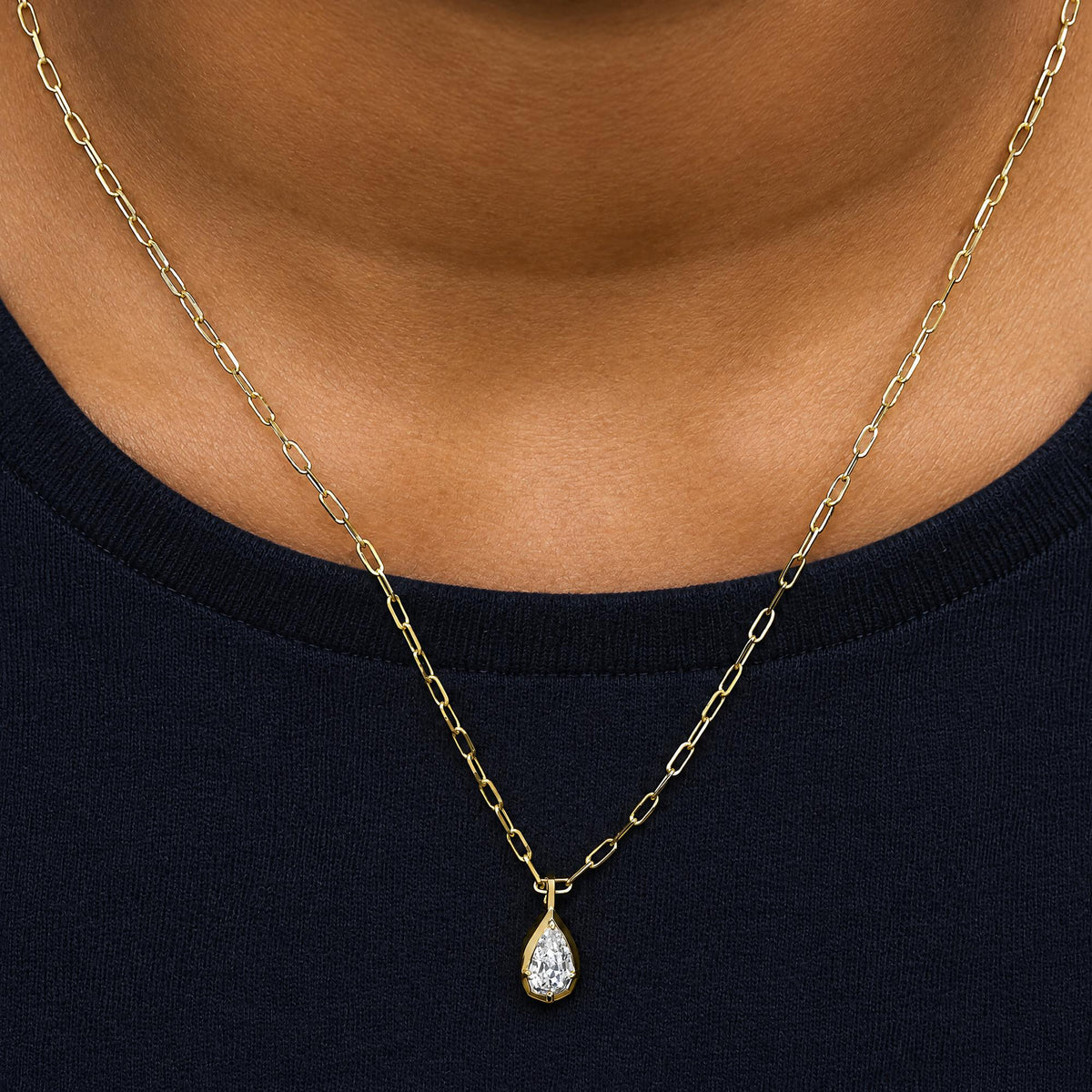 18K Yellow Gold GIA Certified 1.0 Cttw Pear-Step Cut Diamond Pendant Necklace with Paperclip Chain
