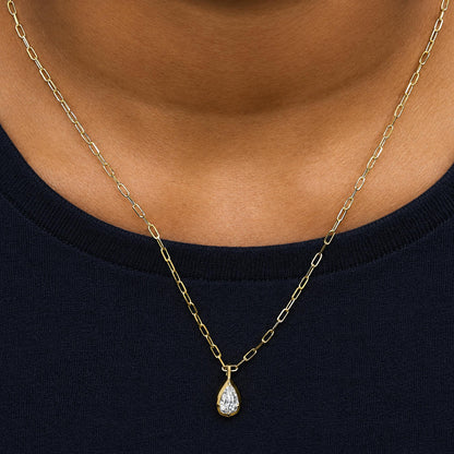18K Yellow Gold GIA Certified 1.0 Cttw Pear-Step Cut Diamond Pendant Necklace with Paperclip Chain