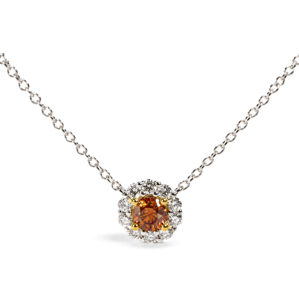 18K Yellow and White Gold 3/4 Cttw GIA Certified Round Orange and White Diamond Halo Pendant Necklace
