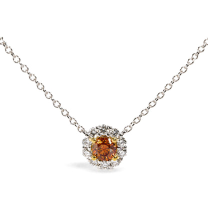 18K Yellow and White Gold 3/4 Cttw GIA Certified Round Orange and White Diamond Halo Pendant Necklace