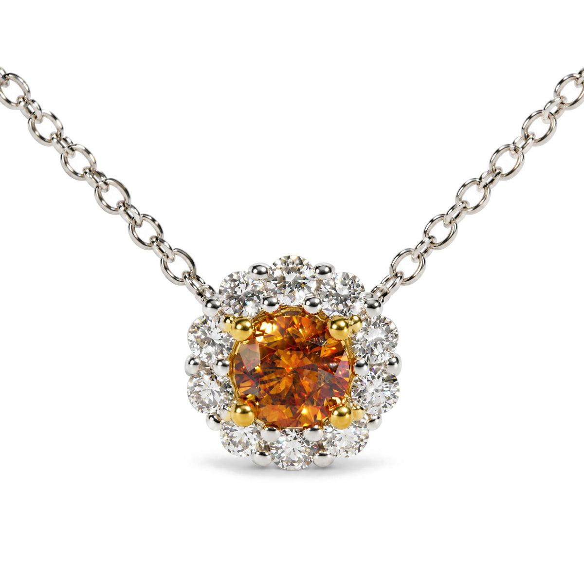 18K Yellow and White Gold 3/4 Cttw GIA Certified Round Orange and White Diamond Halo Pendant Necklace
