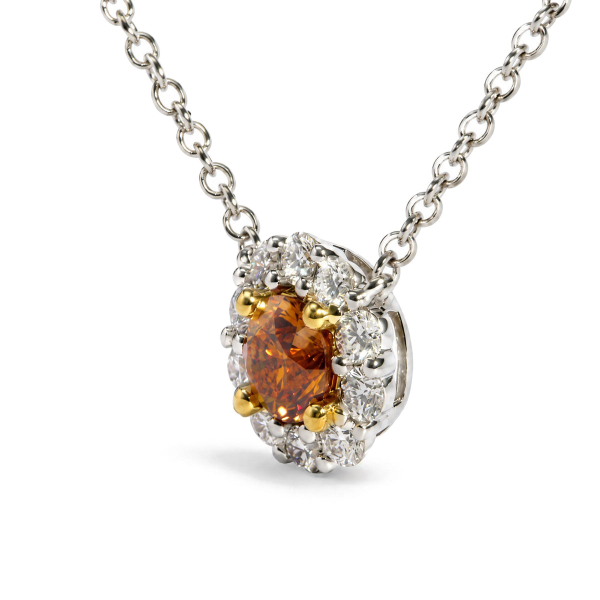 18K Yellow and White Gold 3/4 Cttw GIA Certified Round Orange and White Diamond Halo Pendant Necklace
