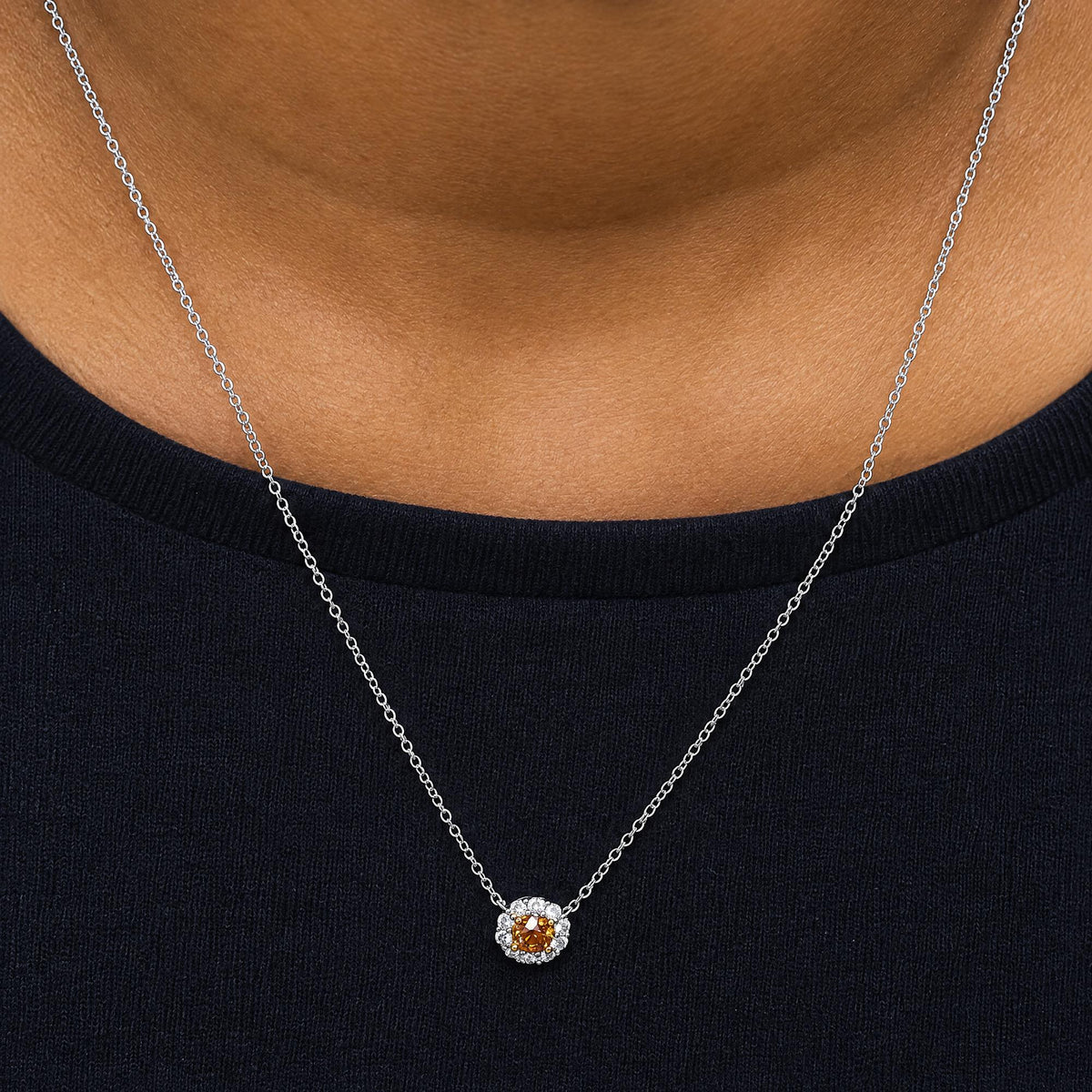 18K Yellow and White Gold 3/4 Cttw GIA Certified Round Orange and White Diamond Halo Pendant Necklace