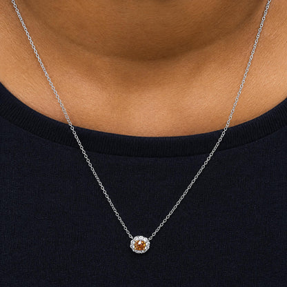 18K Yellow and White Gold 3/4 Cttw GIA Certified Round Orange and White Diamond Halo Pendant Necklace
