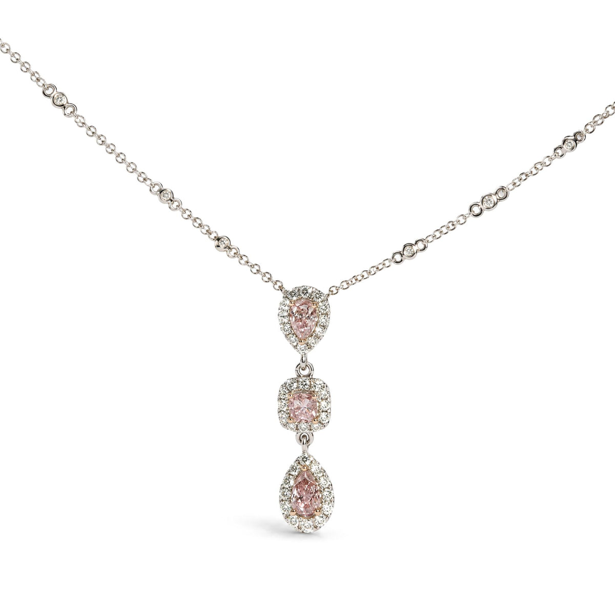 18K White Gold 1 1/7 Cttw GIA Certified Pink and White Diamond Triple Halo Drop Pendant Necklace