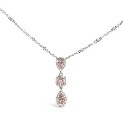 18K White Gold 1 1/7 Cttw GIA Certified Pink and White Diamond Triple Halo Drop Pendant Necklace
