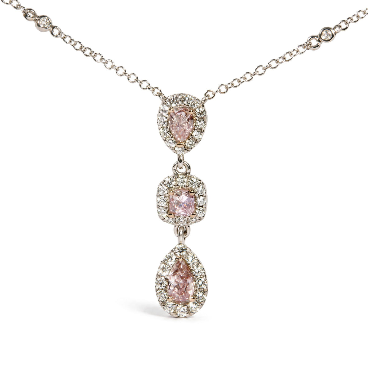 18K White Gold 1 1/7 Cttw GIA Certified Pink and White Diamond Triple Halo Drop Pendant Necklace