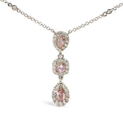18K White Gold 1 1/7 Cttw GIA Certified Pink and White Diamond Triple Halo Drop Pendant Necklace