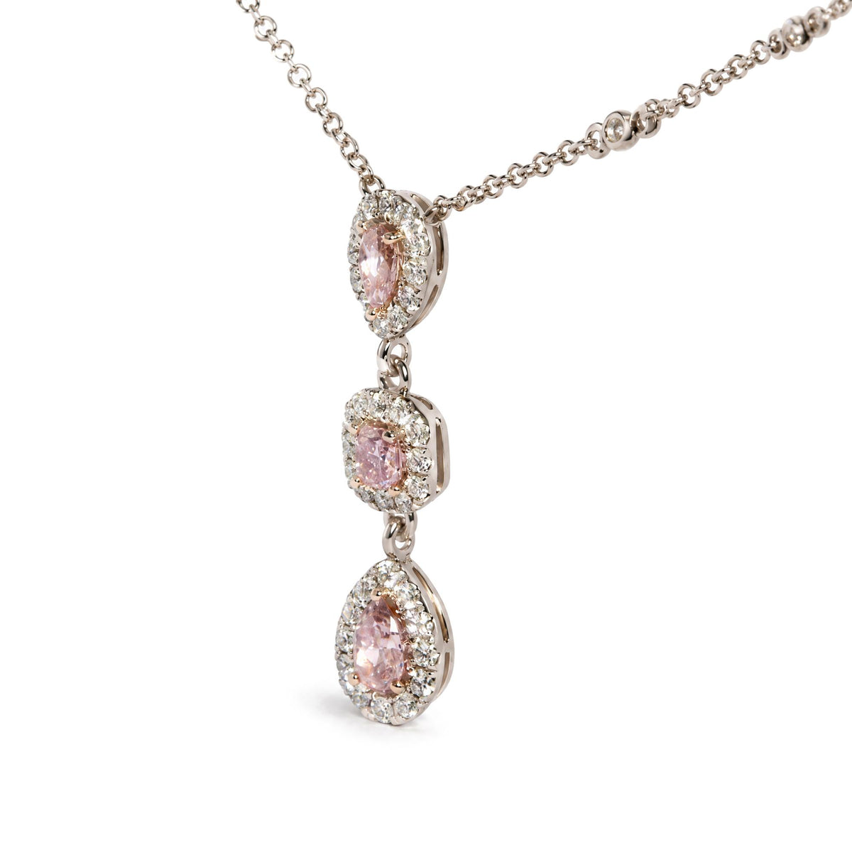 18K White Gold 1 1/7 Cttw GIA Certified Pink and White Diamond Triple Halo Drop Pendant Necklace