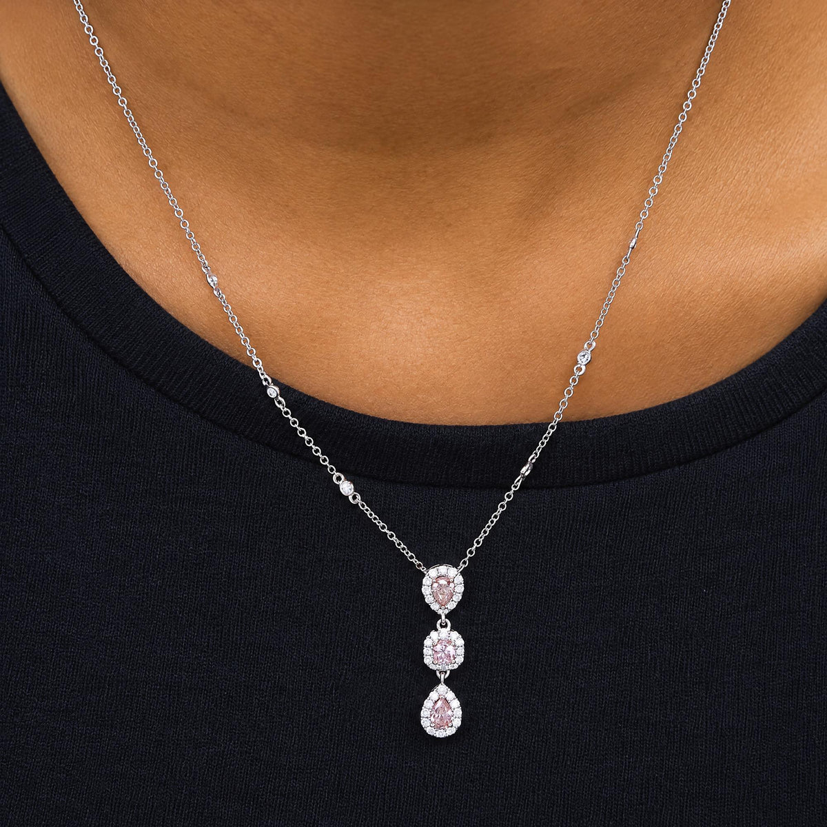 18K White Gold 1 1/7 Cttw GIA Certified Pink and White Diamond Triple Halo Drop Pendant Necklace
