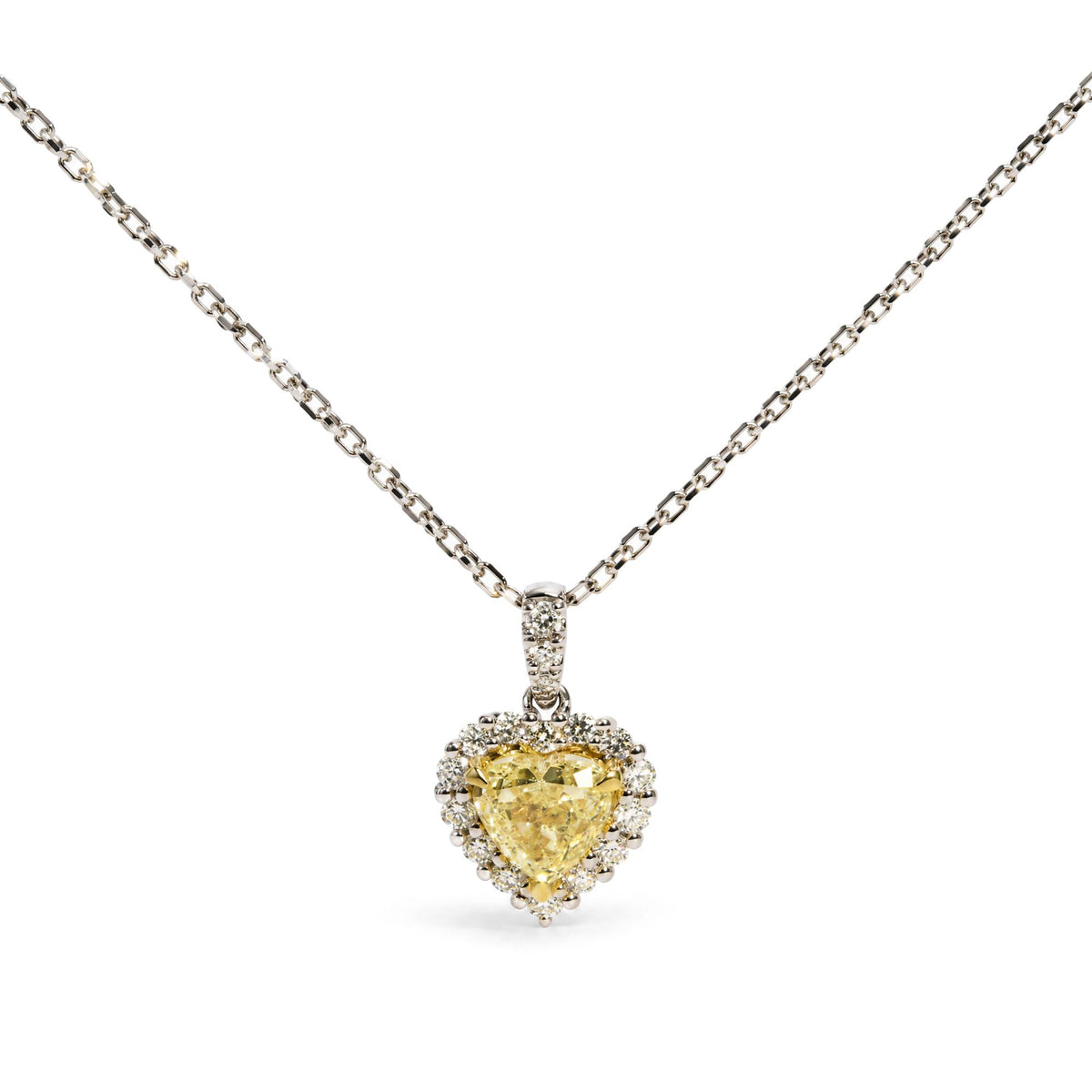18K White Gold 7/8 Cttw Heart-Cut Yellow Diamond Halo Pendant Necklace