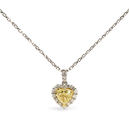 18K White Gold 7/8 Cttw Heart-Cut Yellow Diamond Halo Pendant Necklace