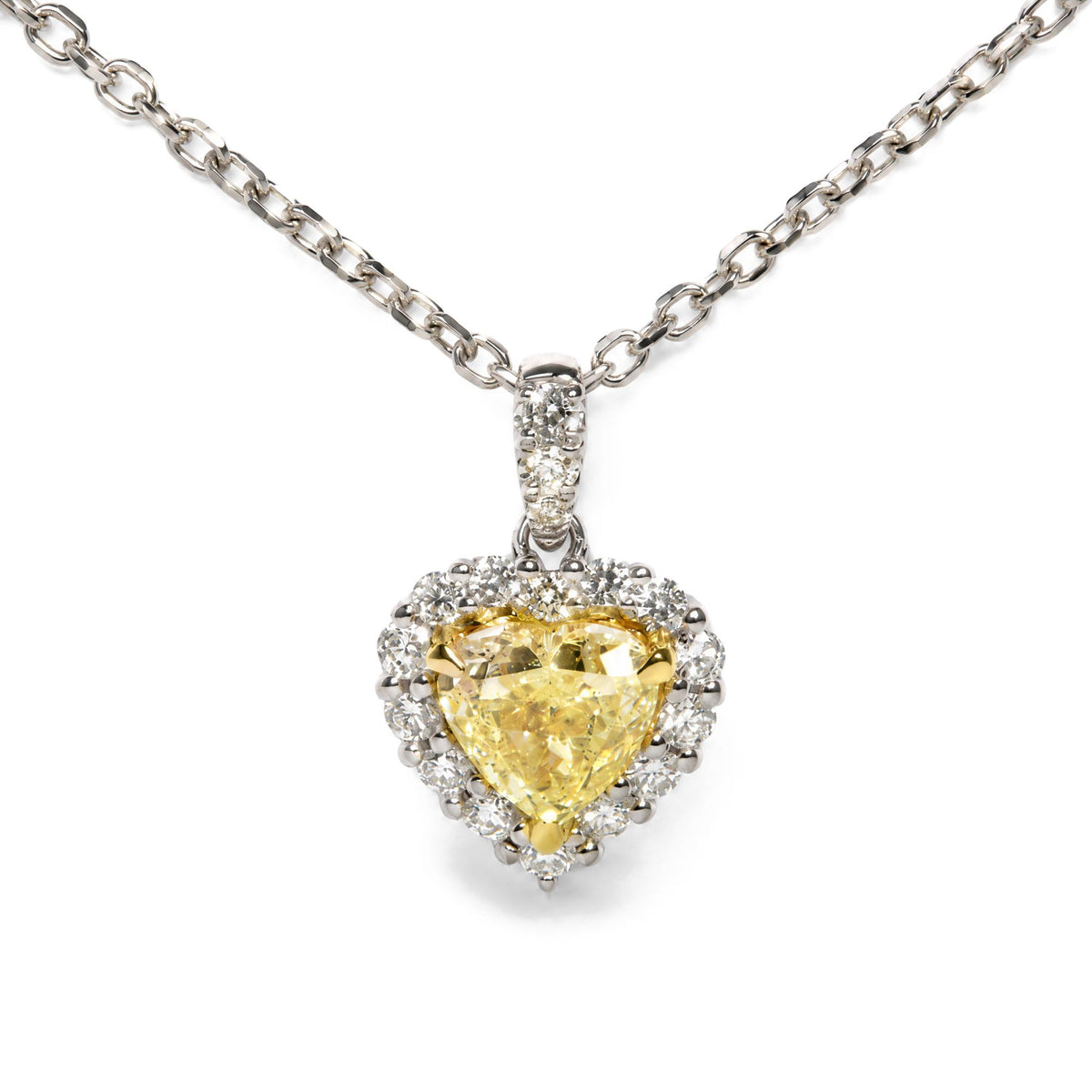 18K White Gold 7/8 Cttw Heart-Cut Yellow Diamond Halo Pendant Necklace