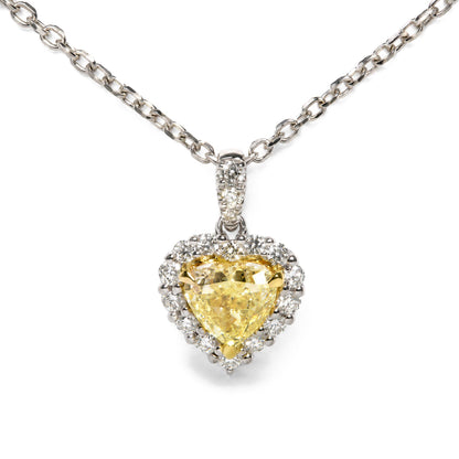 18K White Gold 7/8 Cttw Heart-Cut Yellow Diamond Halo Pendant Necklace